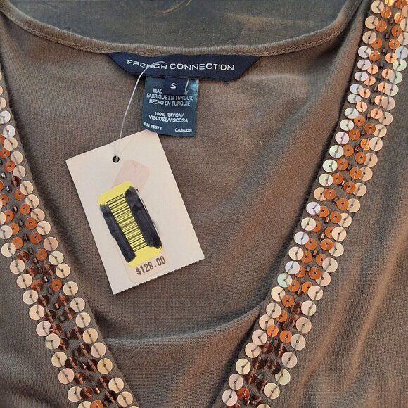 Y2K French Connection Sequined Babydoll Tank Top Sz S Brown Forest Fairy NWT - Picture 6 of 7